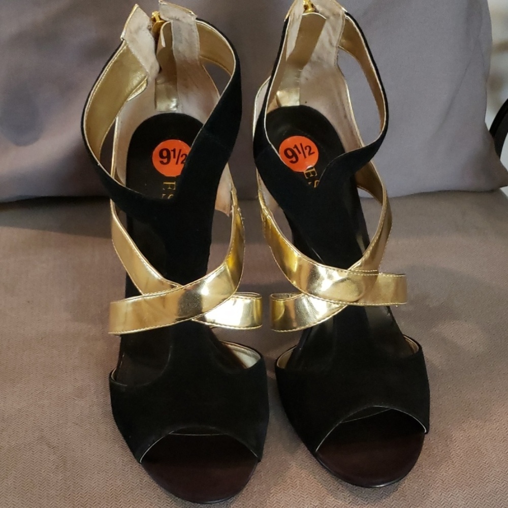 Guess black suede gold metallic party sandals